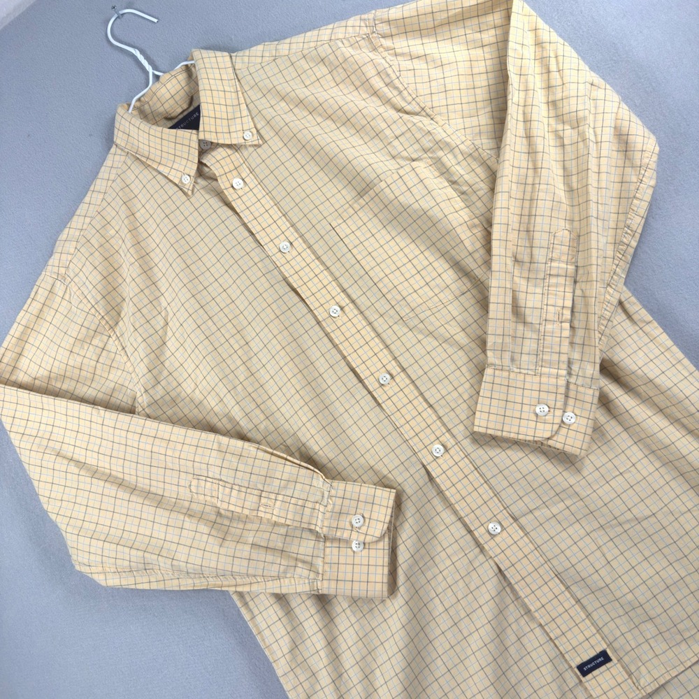 Structure Mens Small Yellow Blue Grid Plaid Cotton Button Down Shirt Long Sleeve
